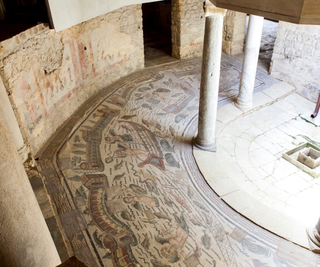 atrium mosaic with winged cupids catching fish