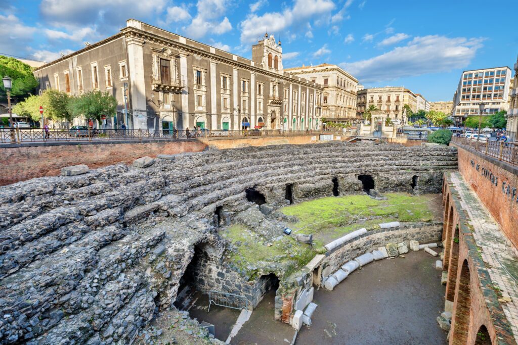 ruins of the Roman amphitheater and Tezzano Palace on Piazza Stesicoro
