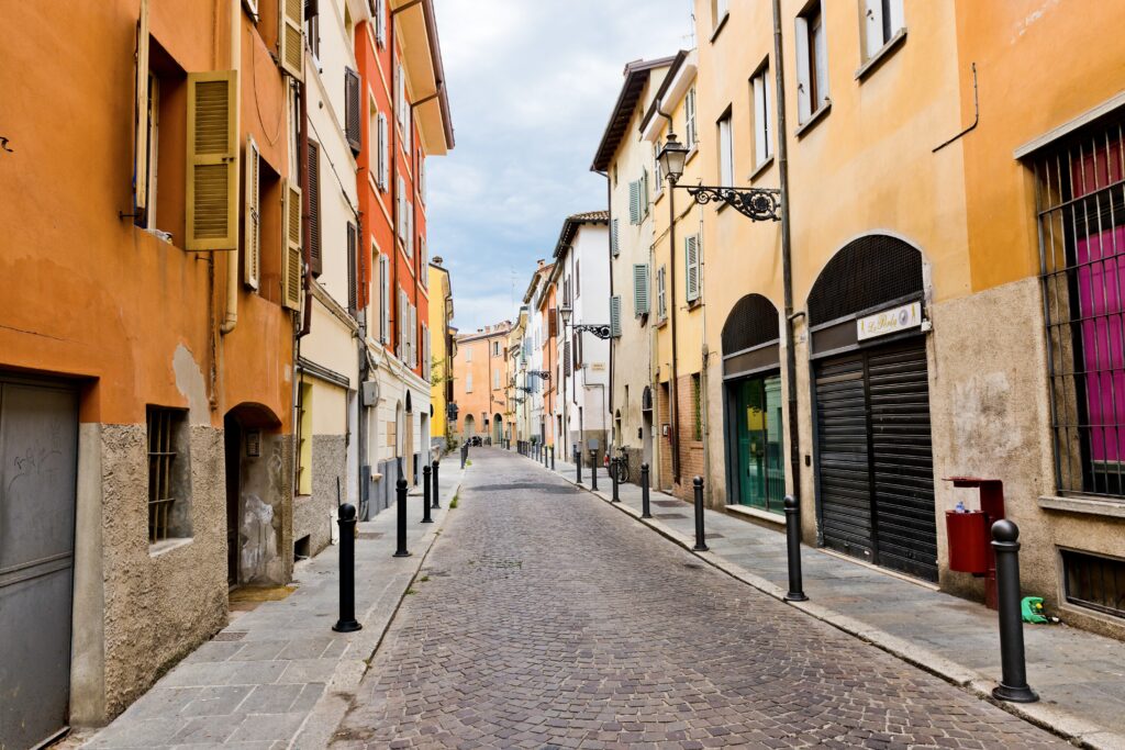 beautiful street in Parma with colorful houses