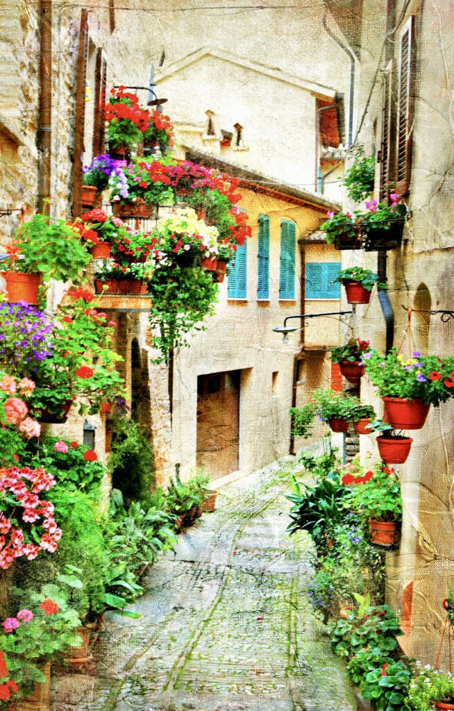 lane in Spello decorated with flowers