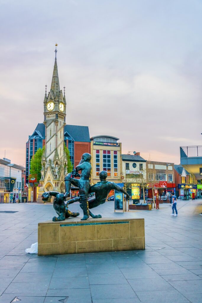 bronze statue commemorating Leicesters's sporting success