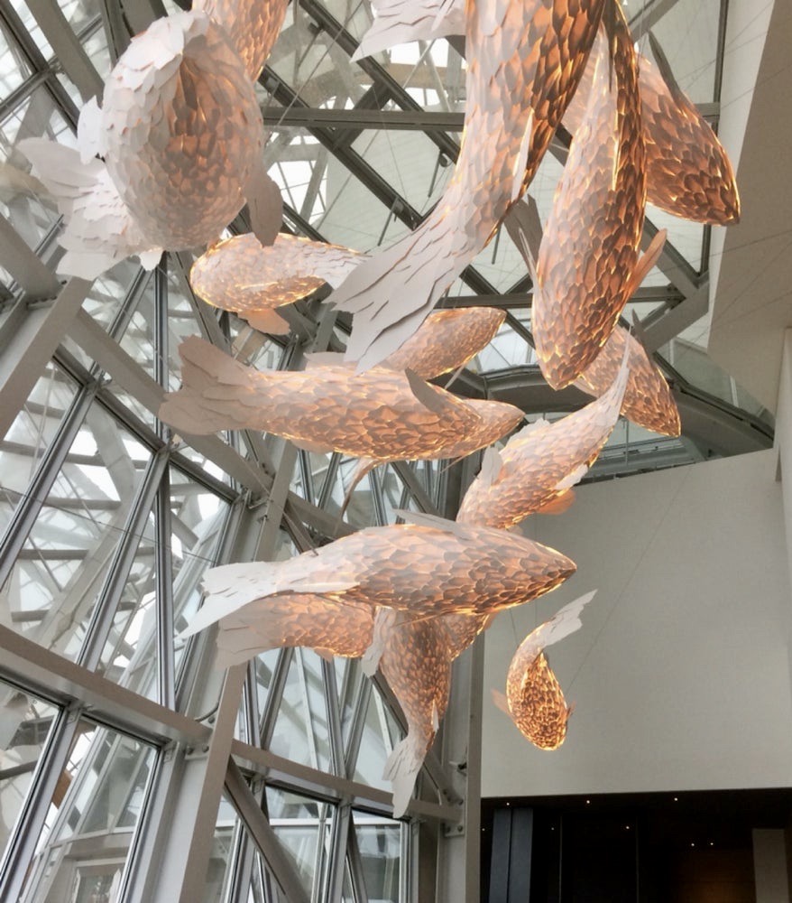 Gehry-designed fish lamps in the restaurant