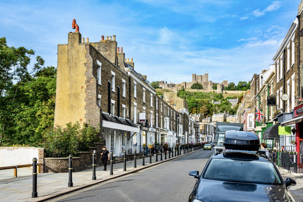 Castle Street in Dover with a view of Dover Castle