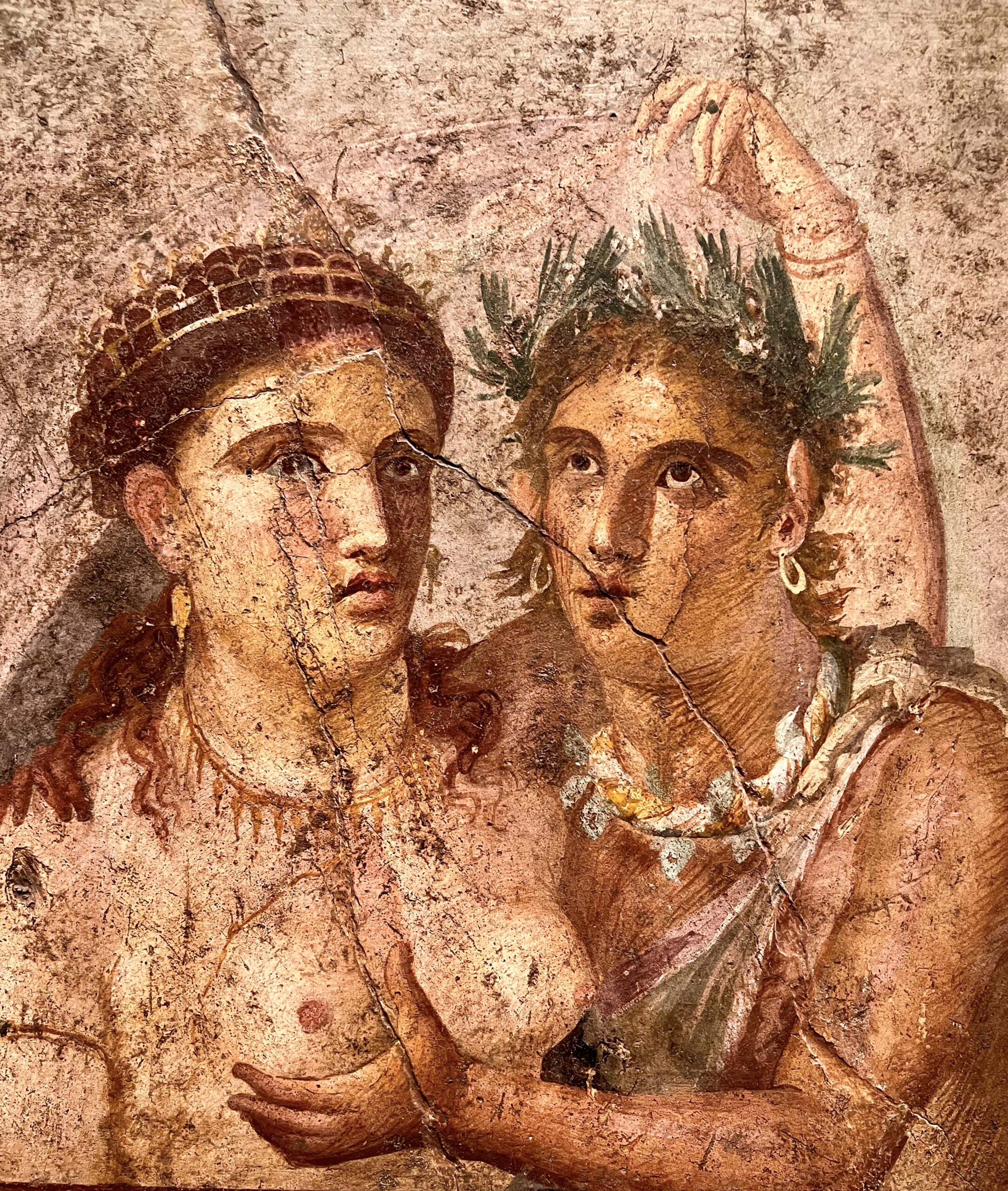 Sacrifice scene depicted in the Roman fresco from Pompeii, now on display  in the National Archaeological Museum (Museo Archeologico Nazionale di  Napoli) in Naples, Campania, Italy. Two lares, in their characteristic  clothing