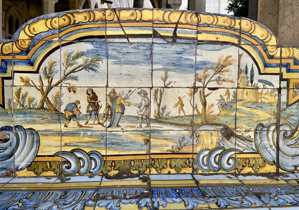 country scene on a majolica bench