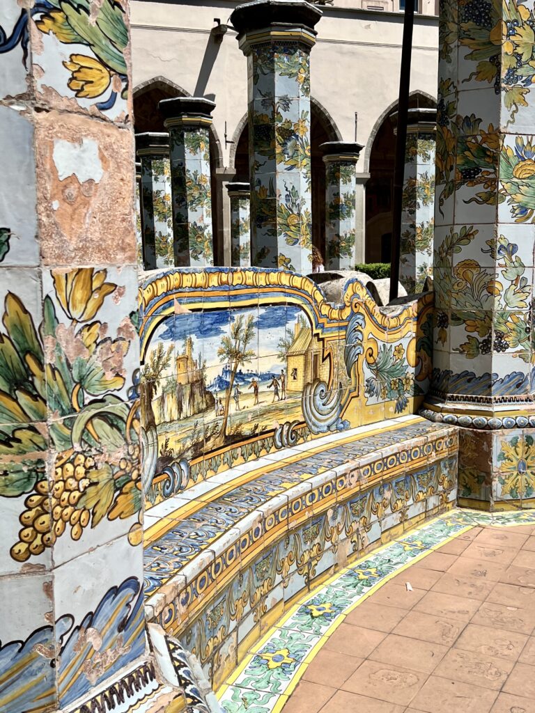 bench decorated with majolica tiles