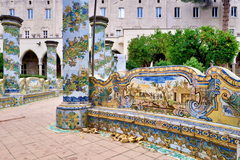 majolica tiles and benches in the Majolica Cloister