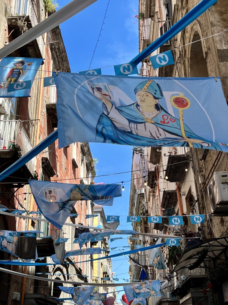 blue and white banners for the Napoli soccer team