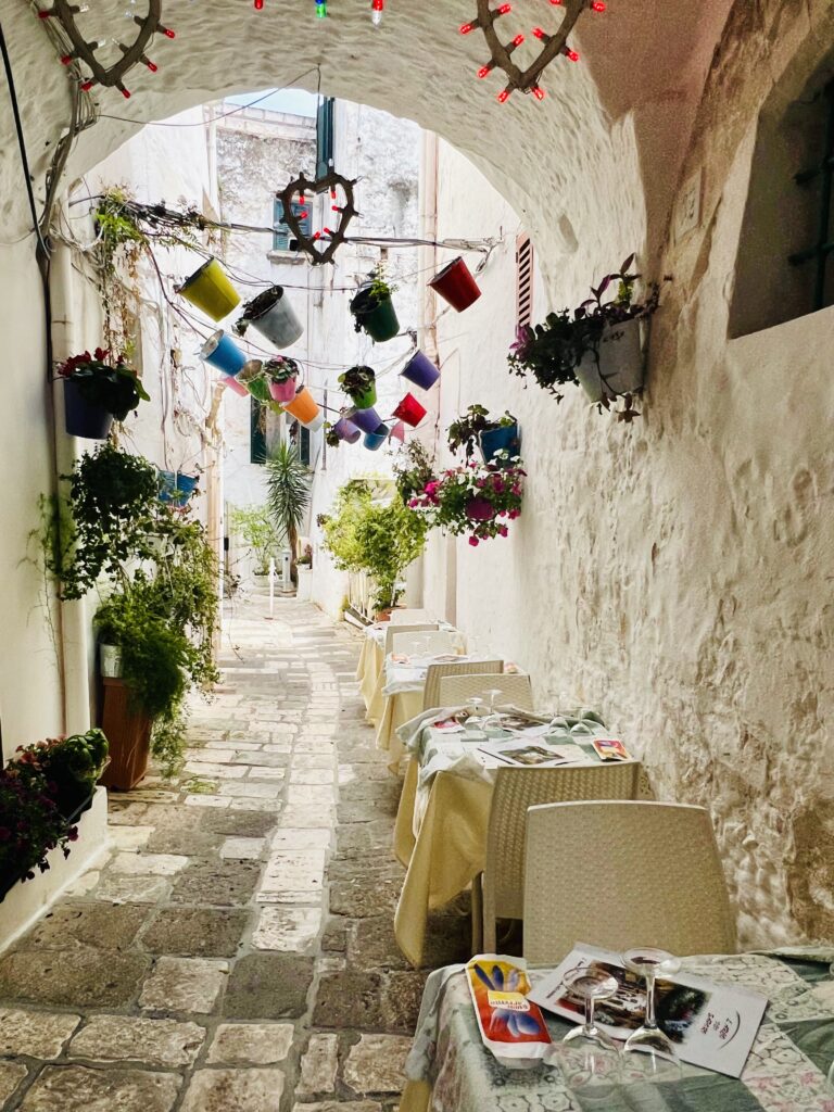 lane decorated with flowers, buckets, and lights