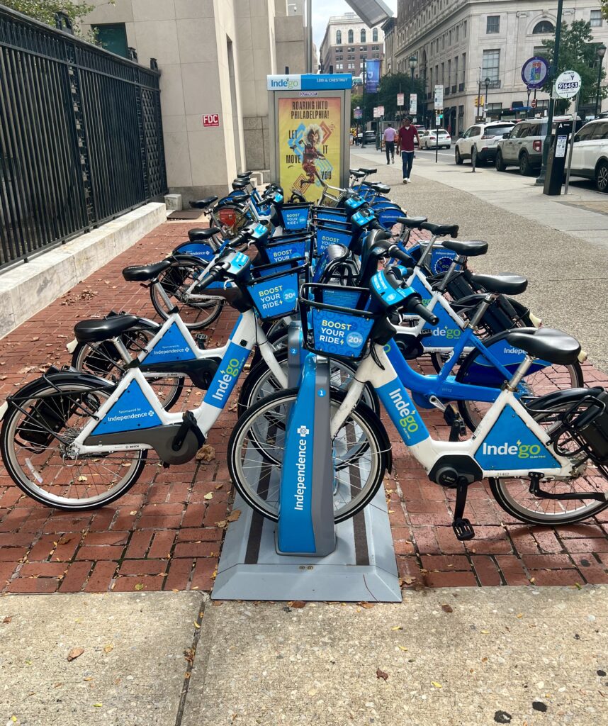 blue bikes for rent as part of Philly's bike share program