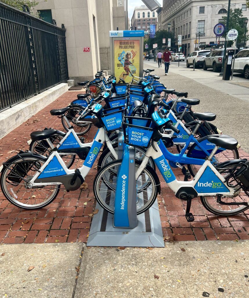 blue bikes for rent as part of Philly's bike share program