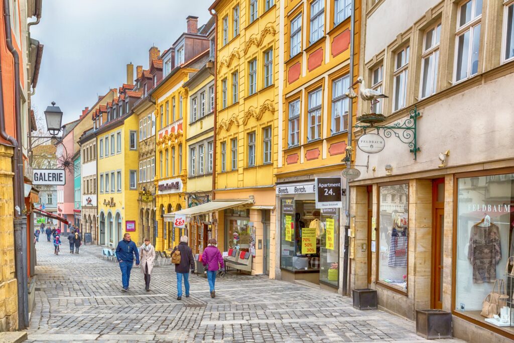 colorful houses on a pedestrianized street in Bamberg