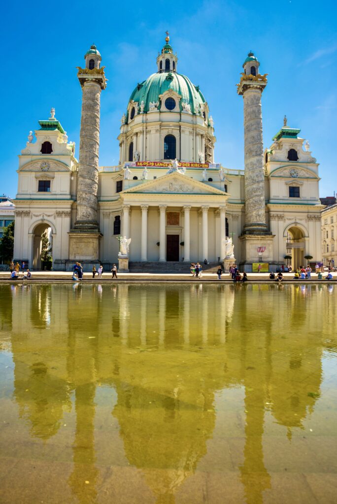 reflecting pool and facade of Karlkirche