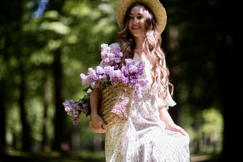 Italian woman with flowy dress and flowers