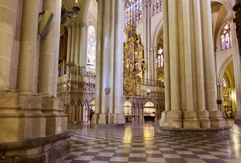 interior of the cathedral with massive pillars