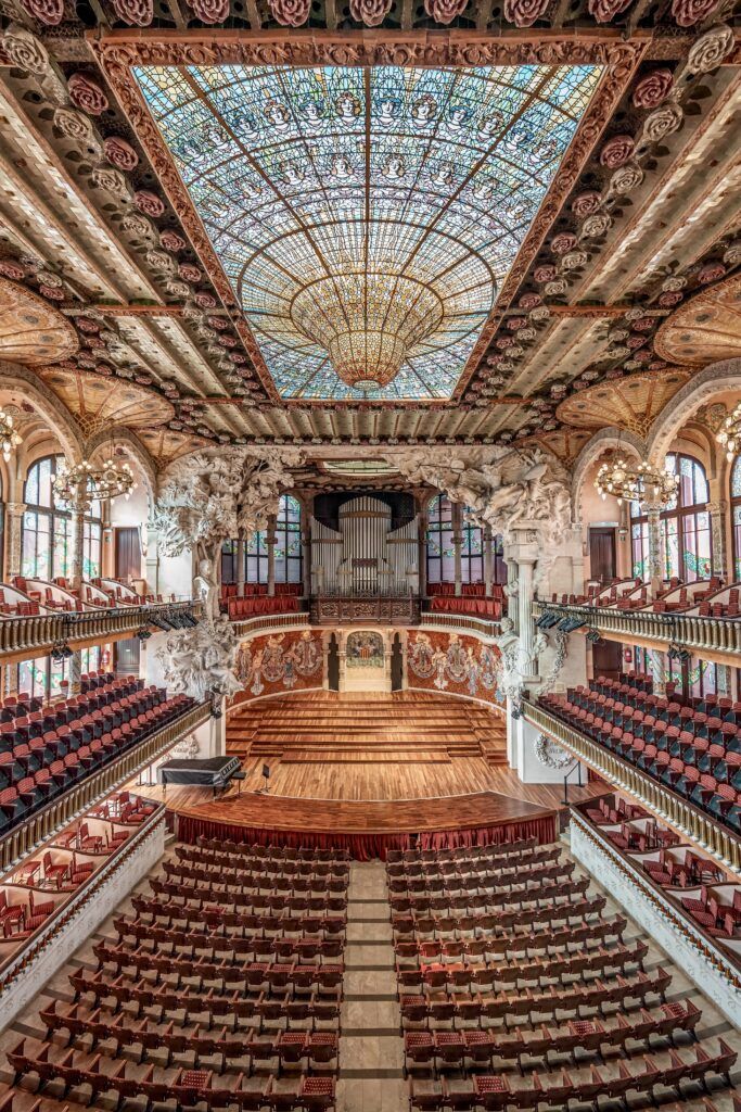 concert hall of Palau de la Musica with the beautiful stained glass skylight