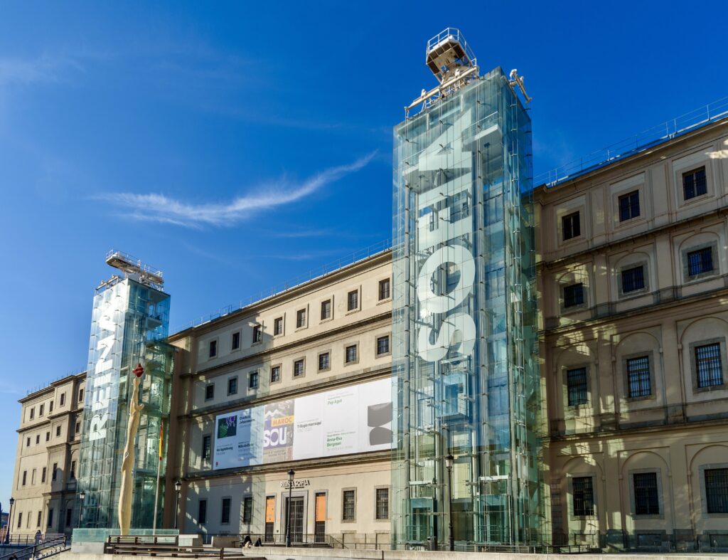 facade of the Reina Sofia with glass elevators