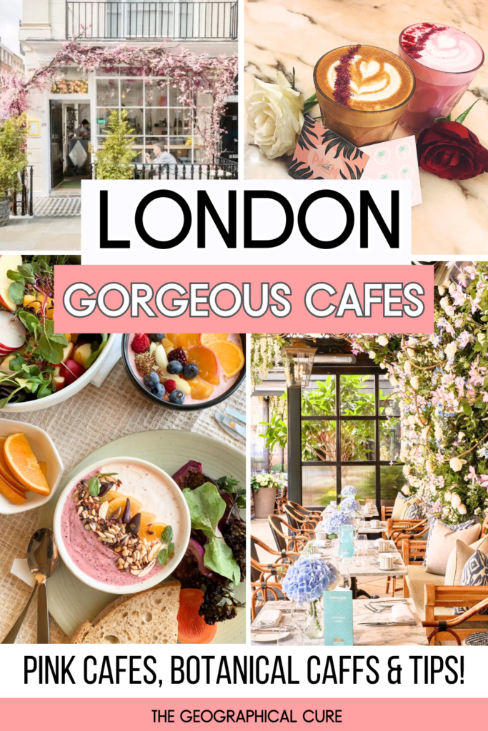 Pinterest pin graphic for beautiful floral and botanical cafes in London