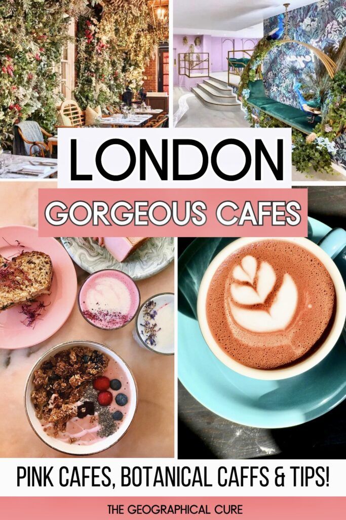 Pinterest pin graphic for beautiful floral and botanical cafes in London