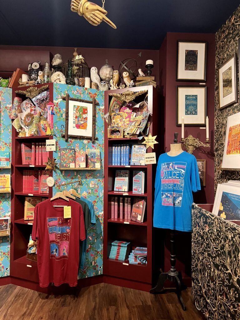 books and t-shirts on sale at MinaLima