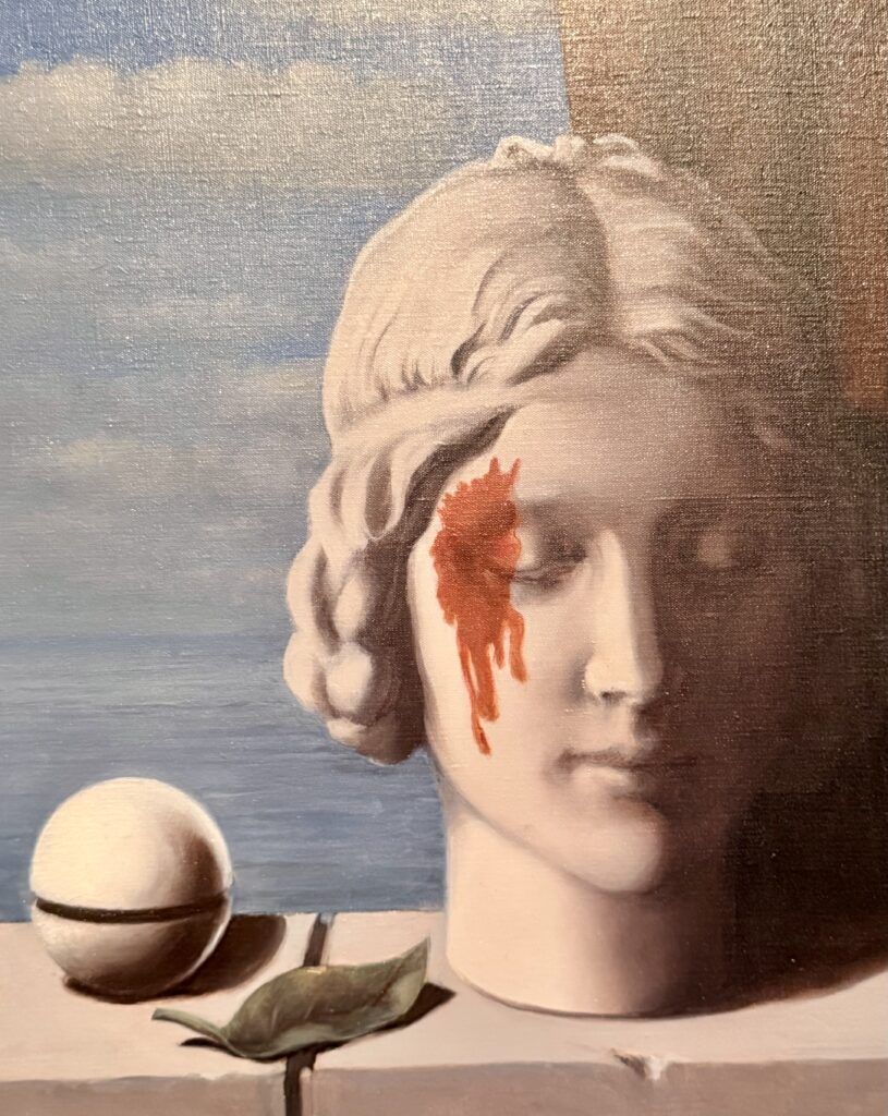 Memory, 1948 showing a bust of a woman with blood on her face and a sphere next to her