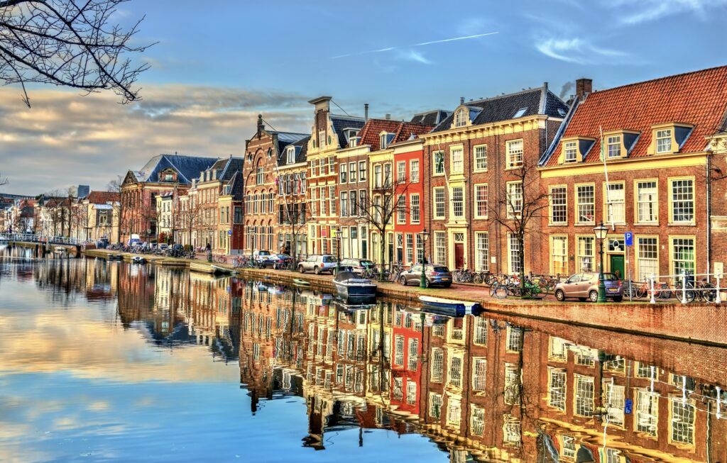 beautiful architecture on a canal in Leiden