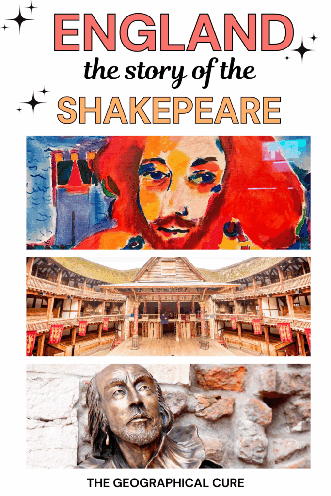 Pinterest pin graphic for a guide to Shakespeare's life and sights in England
