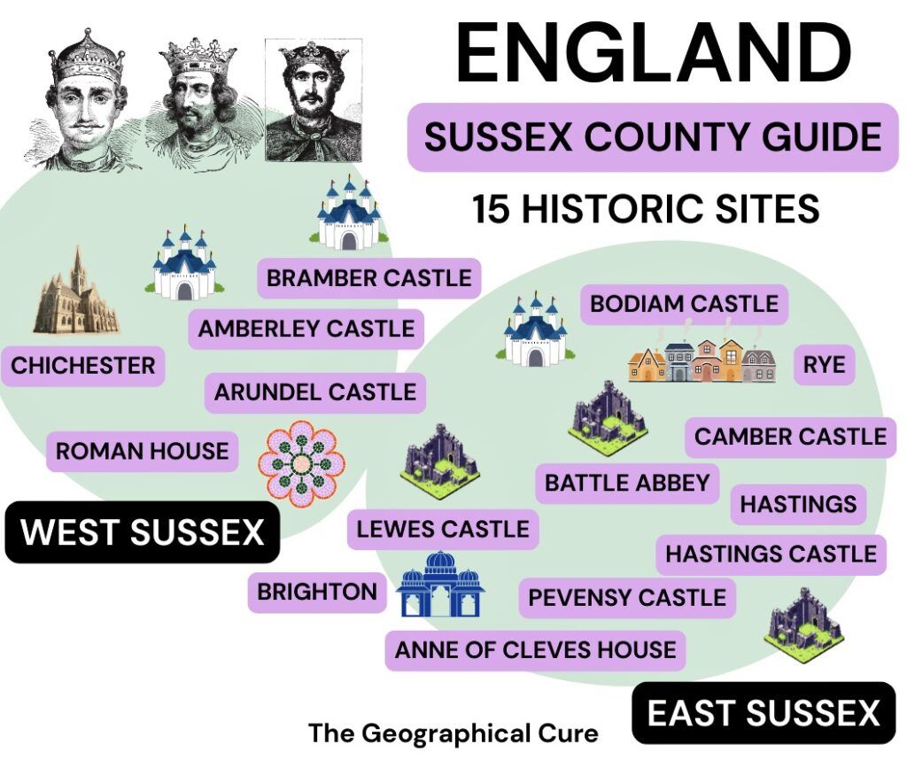 map of Sussex Conty divided into east and west Sussex with historic landmarks marked