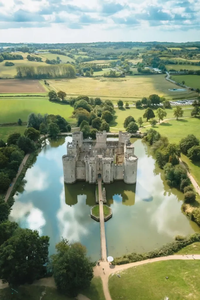 aerial view of Bodiam Castle and its moat