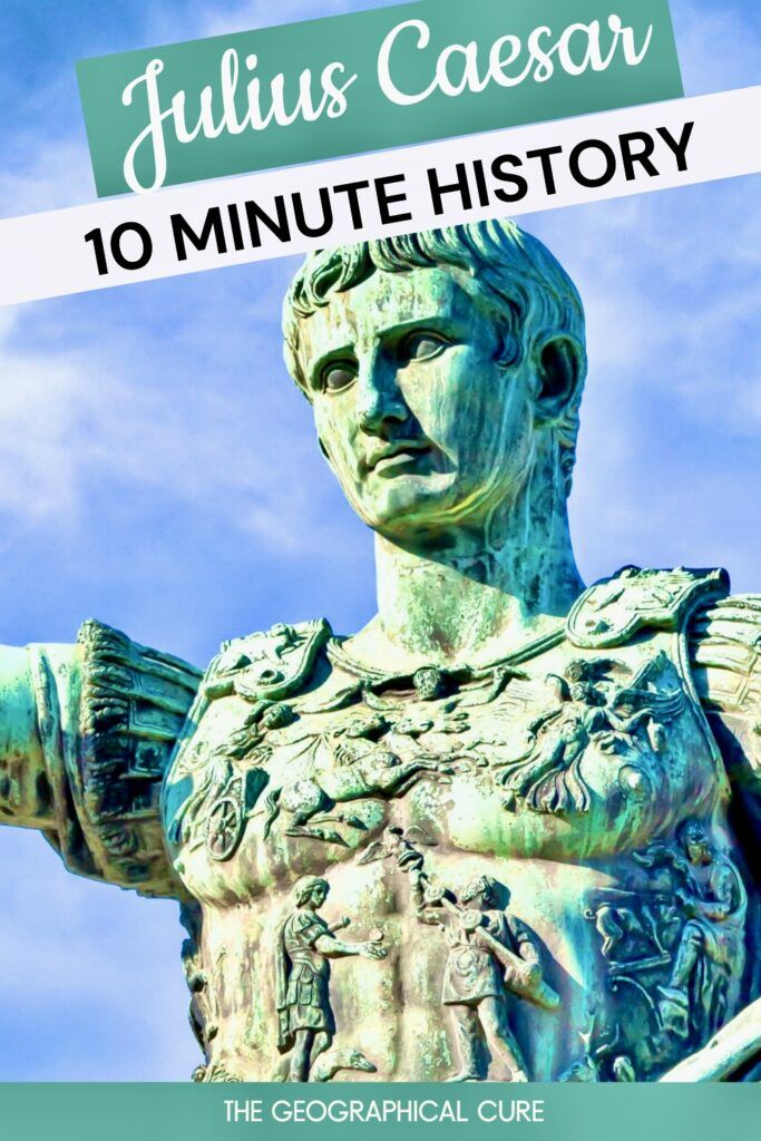 Pinterest pin graphic for the rise and fall of Julius Caesar