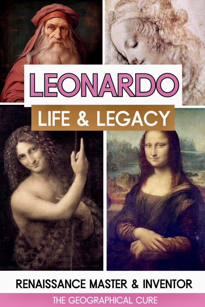 Pinterest pin graphic for a biography of Leonardo da Vinci