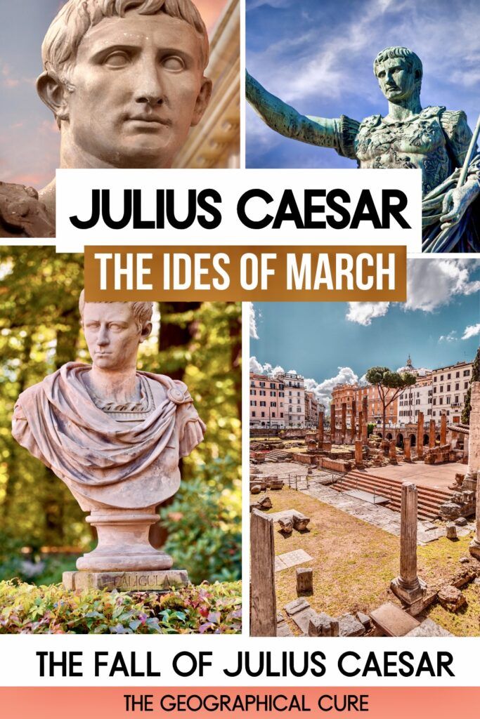 Pinterest pin graphic about the fall of Julius Caesar