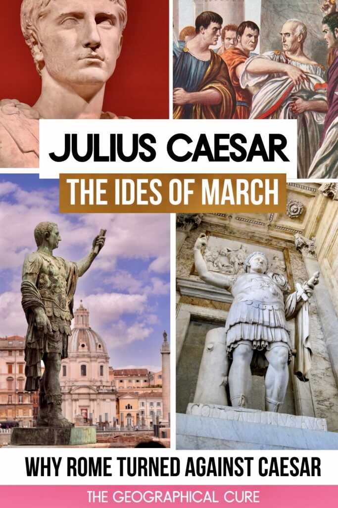Pinterest pin graphic about the fall of Julius Caesar