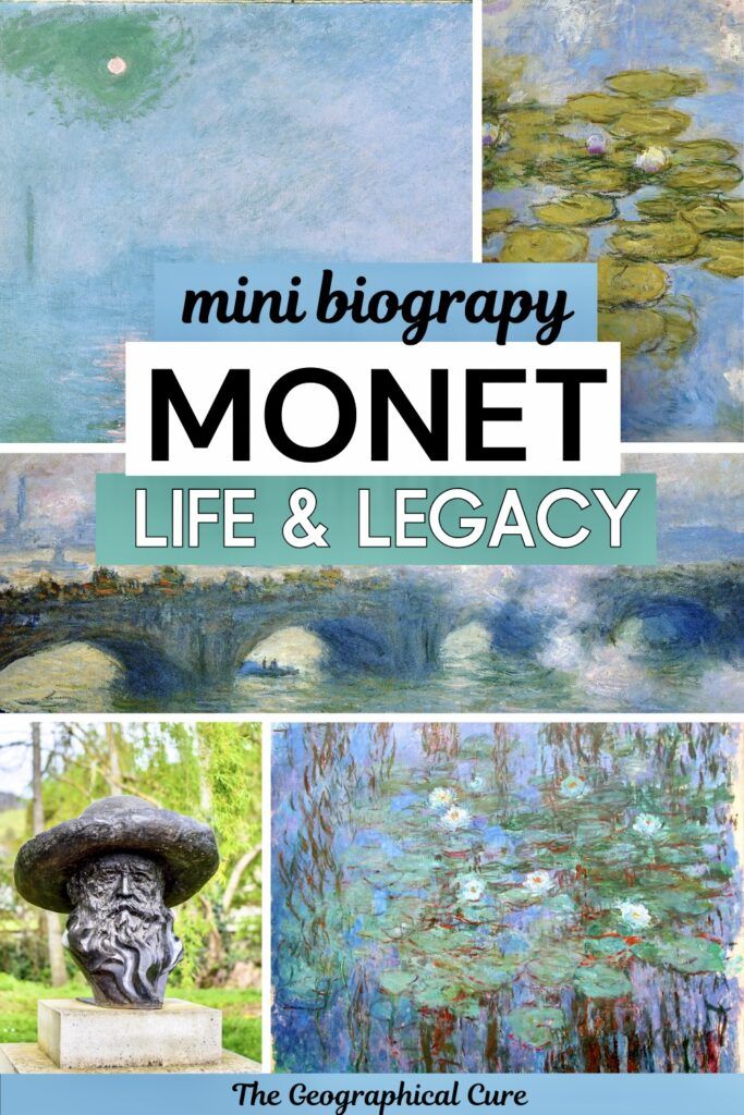 Pinterest pin graphic for Claude Monet biography showing his paintings
