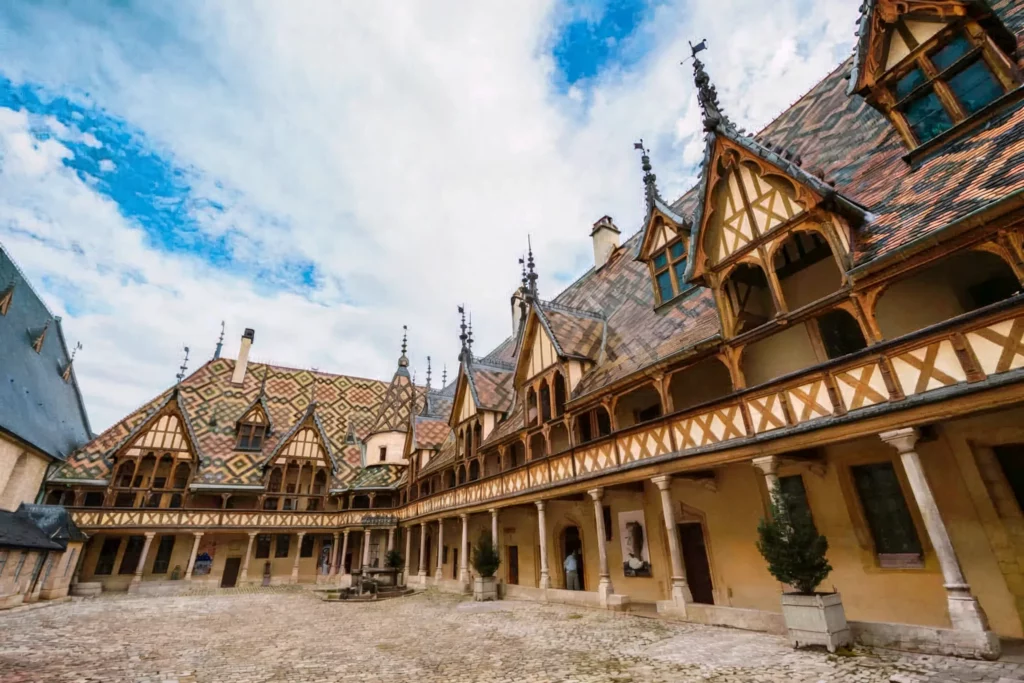 view of the architecture of Hotel Dieu from the courtyard
