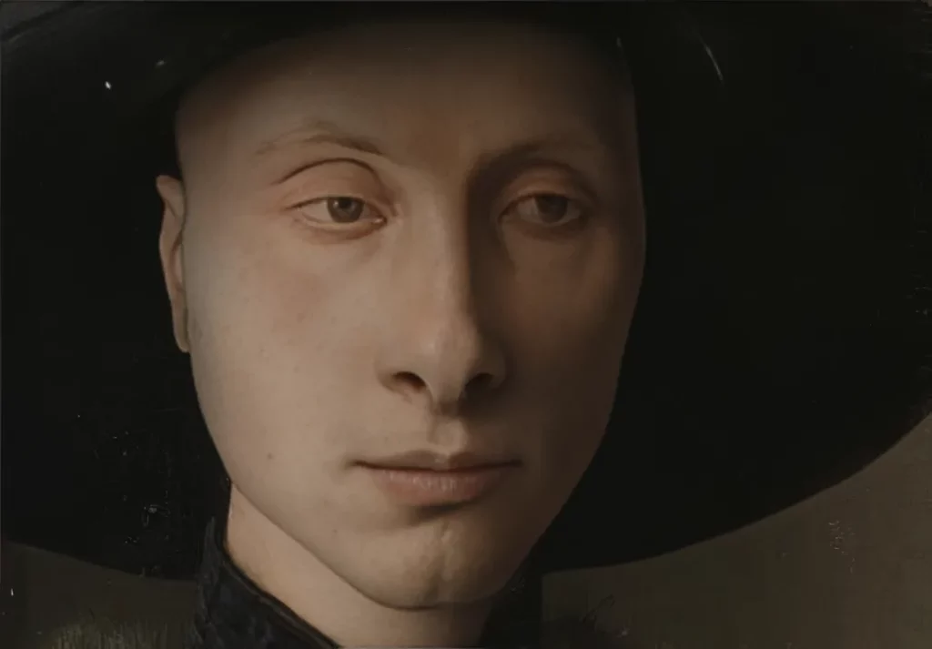 detail of man in Arnolfini Portrait