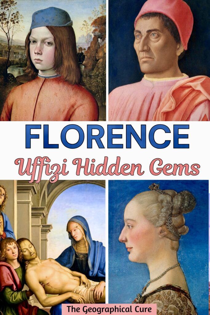Pinterest pin graphic showing hidden gem paintings in the Uffizi Gallery