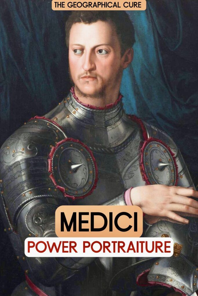 Pinterest pin graphic showing a Bronzino portrait of Cosimo I de' Medici