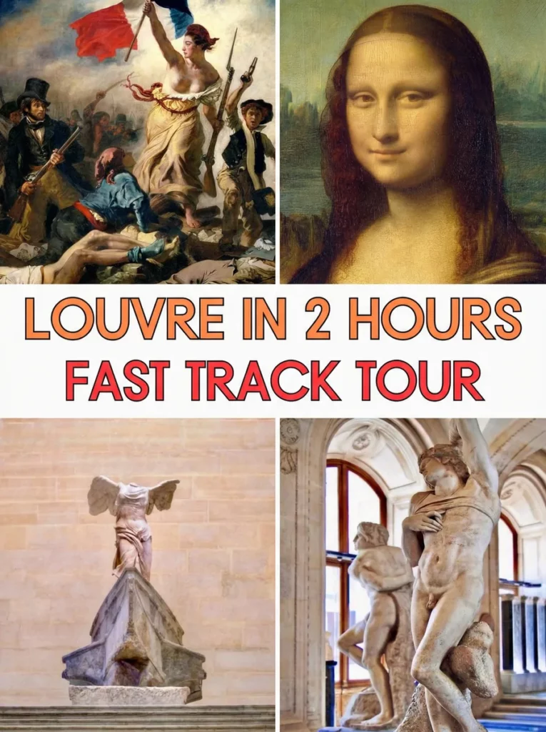 pin graphic for how to do the Louvre in 2 hours showing famous masterpieces
