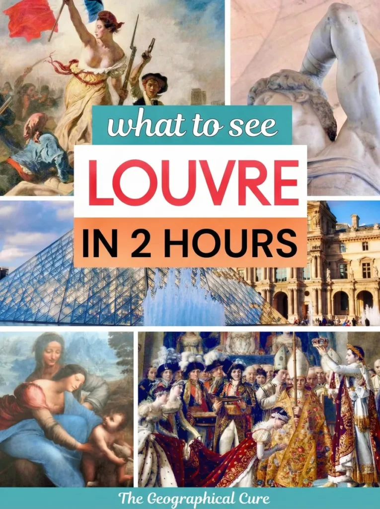 pin graphic for how to do the Louvre in 2 hours showing famous masterpieces