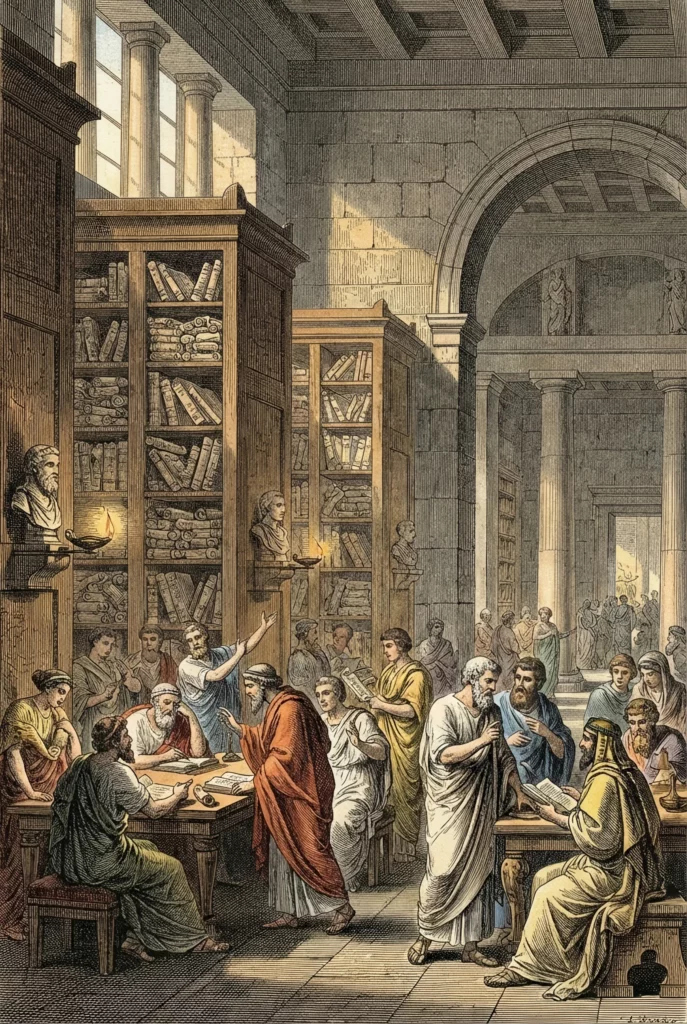 philosophers gathering in the Great Library of Alexandria