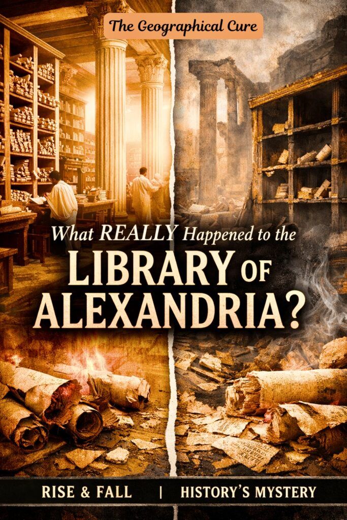 pin graphic for what really happened to the Great Library of Alexandria