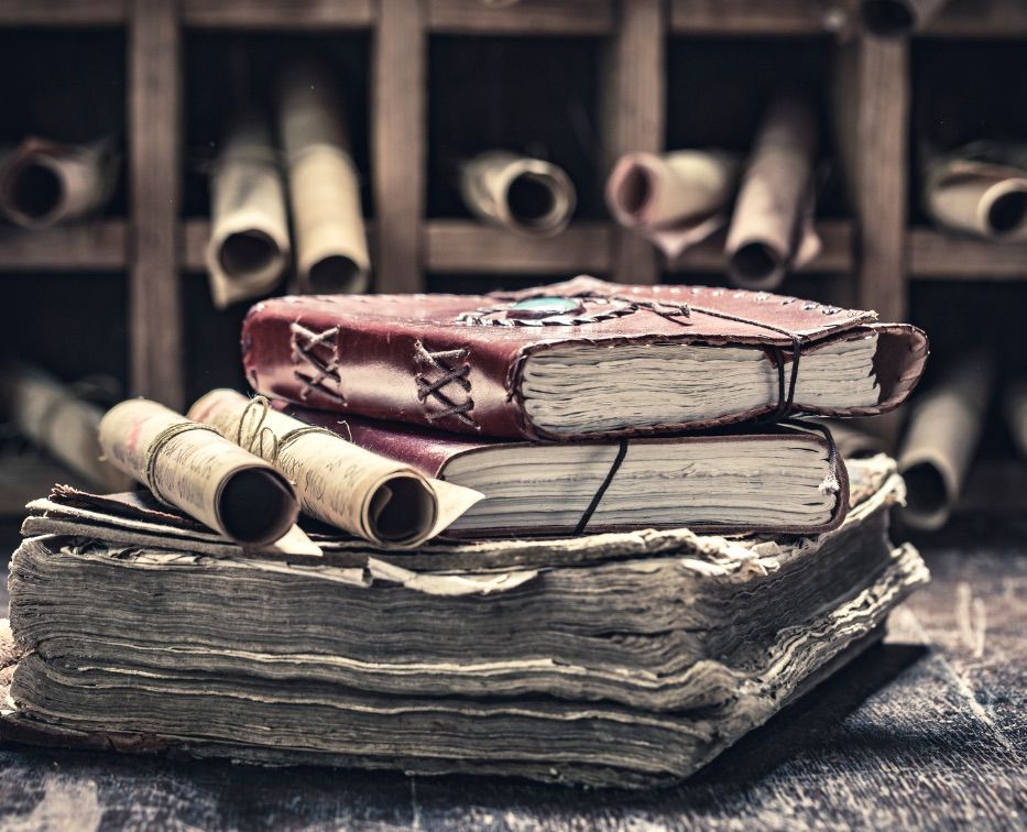 scrolls in an old library