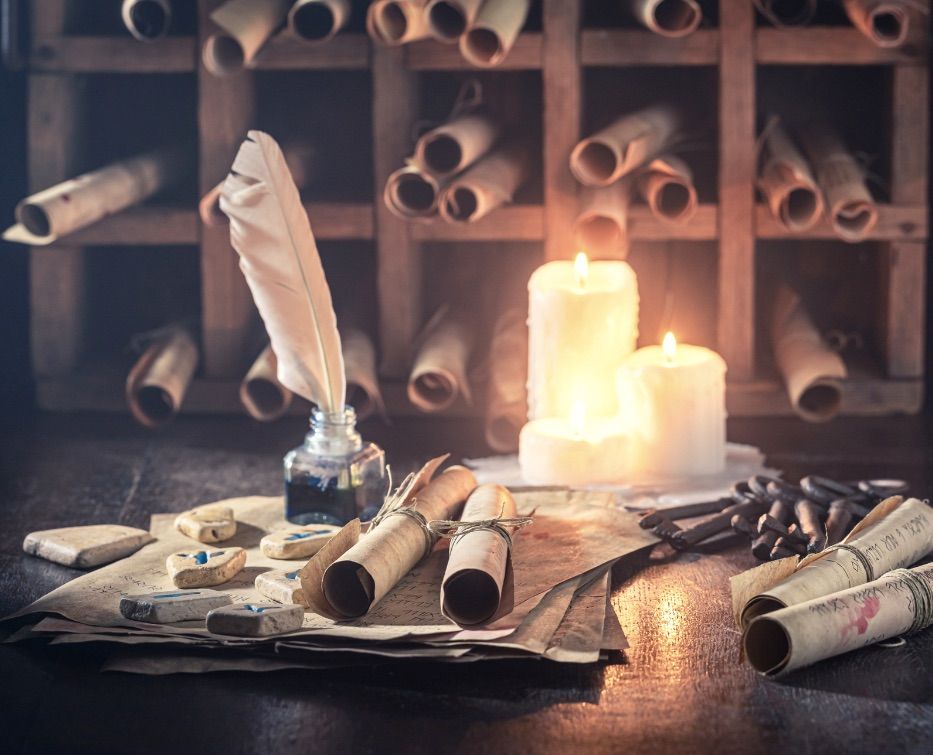 papyrus scrolls in an old library