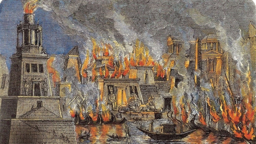 illustration of the Great Library of Alexandria burning