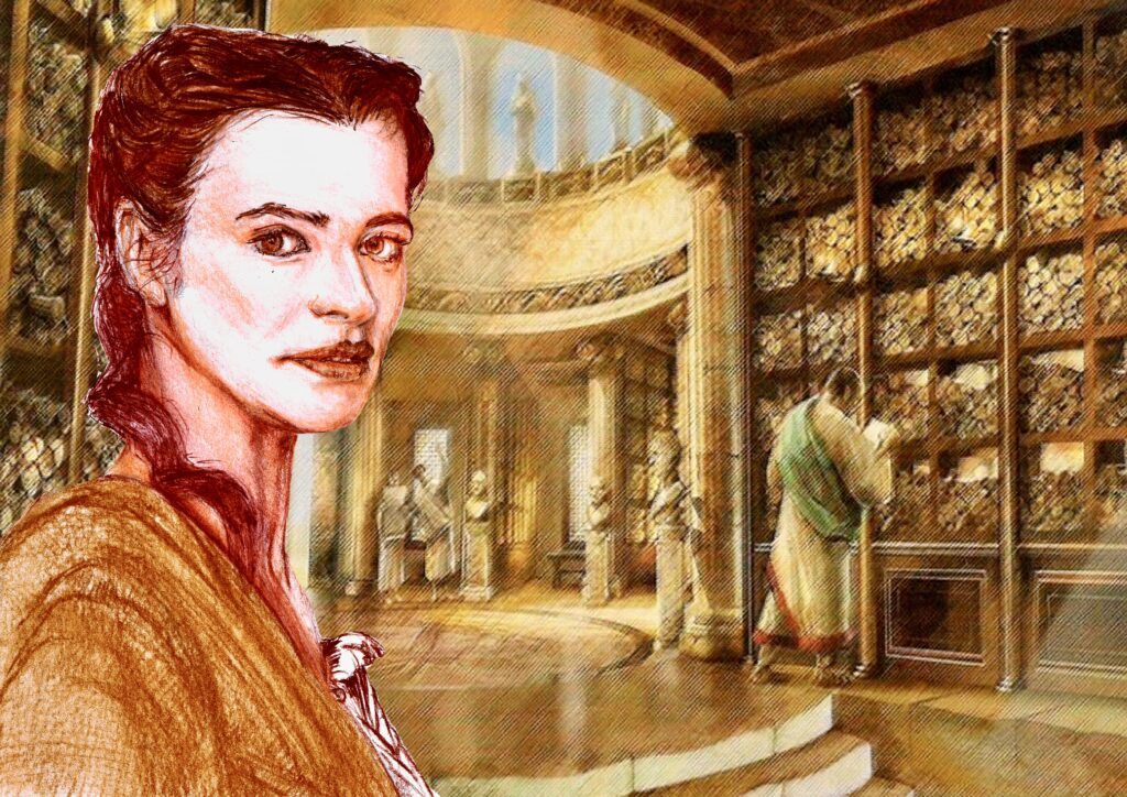 Illustration from a series of great mathematicians and philosophers. Hypatia of Alexandria is a late Hellenistic neo-Platonic philosopher, mathematician, astronomer and mechanic.