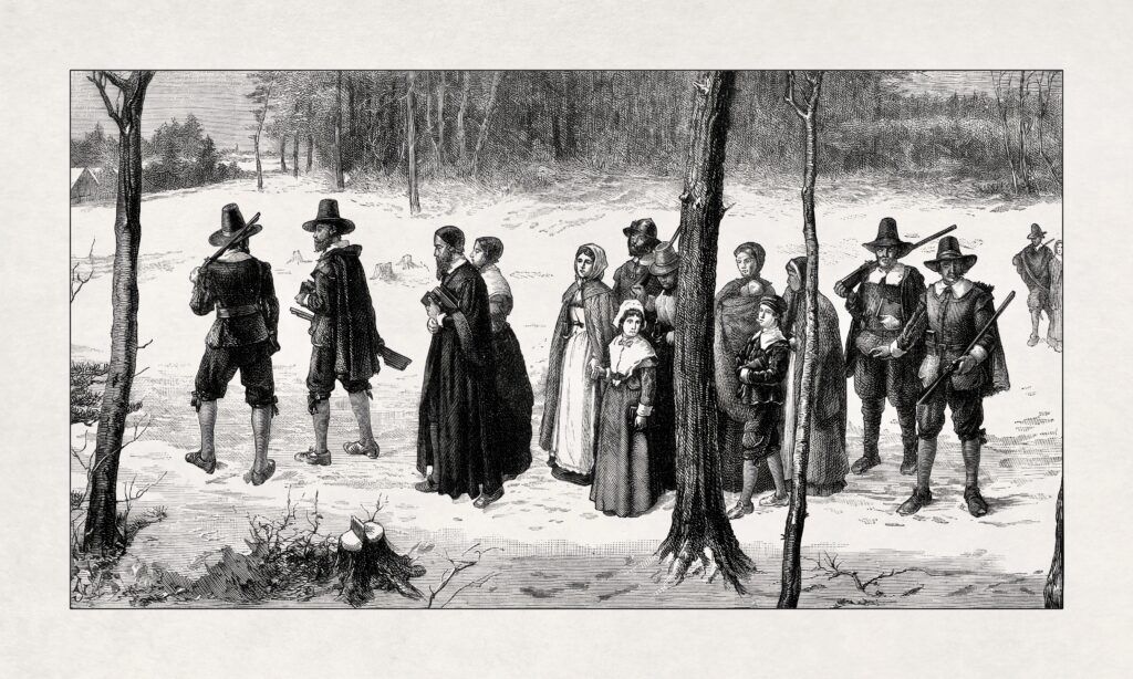 Illustration of pilgrim on their way to church