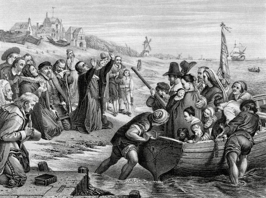 engraving of pilgrims leaving England for the colonies