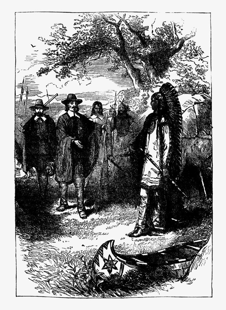 illustration of pilgrims meeting a Native American