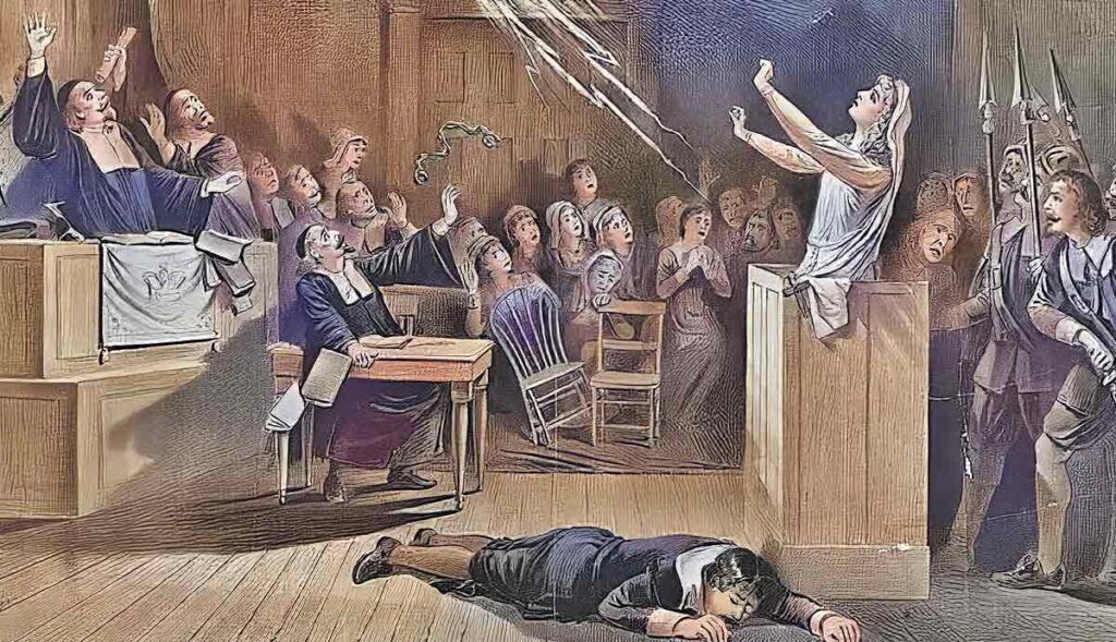 lithograph of a witch on trial in Salem (Library of Congress)
